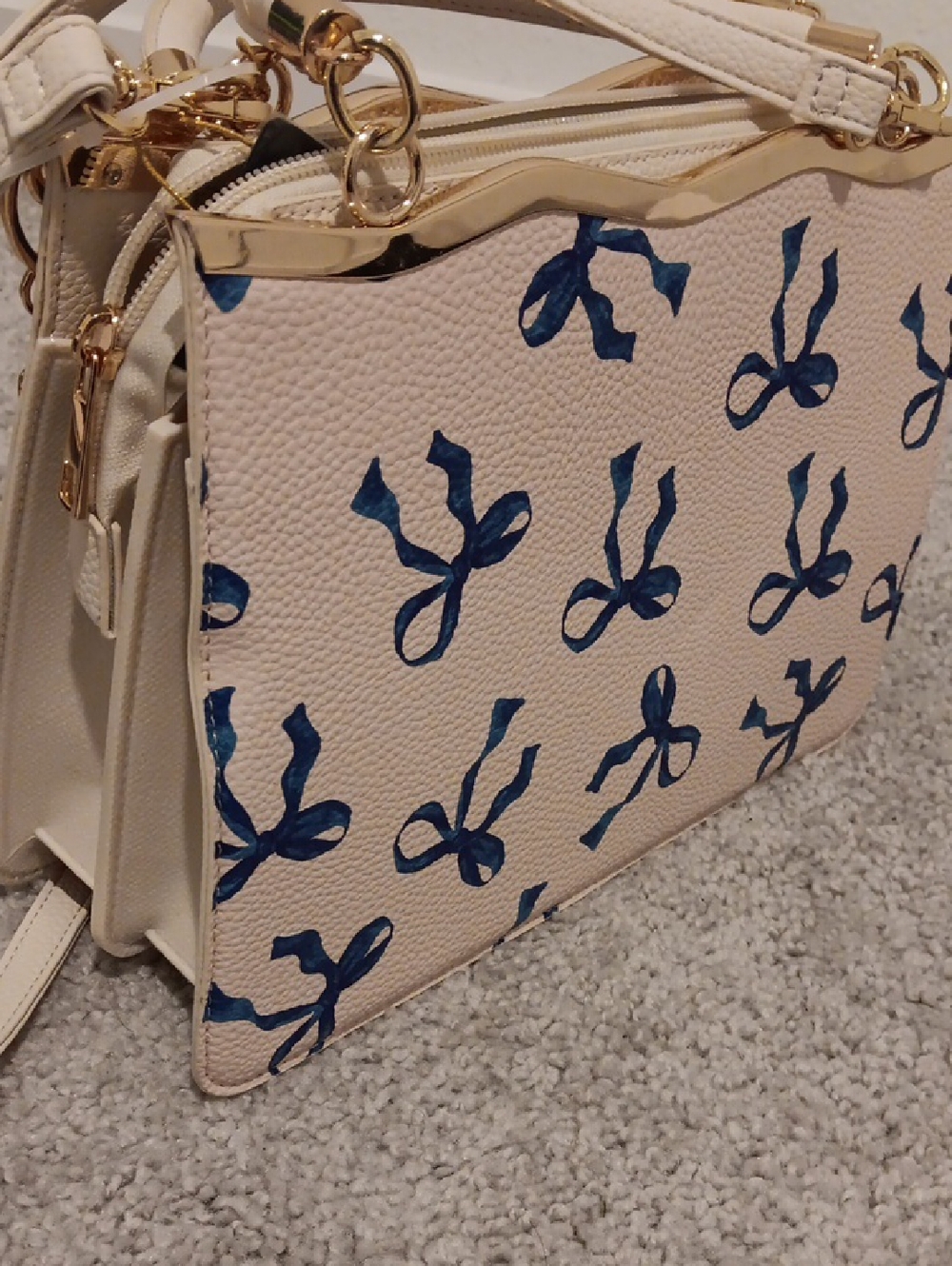 Women's Cream Crossbody Bag with Blue Bow Print - Unbranded